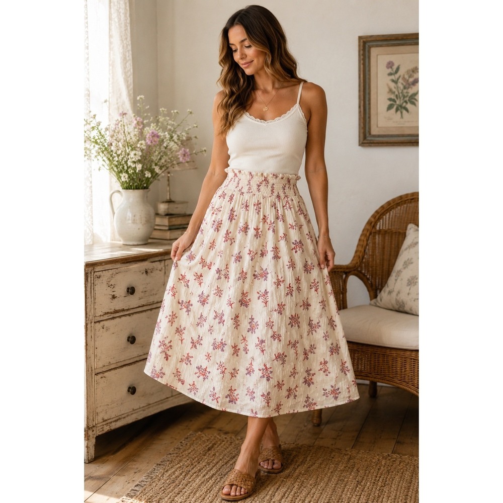 Kittenish x Flag of Anthem Floral Smocked Cottagecore Skirt Small Midi